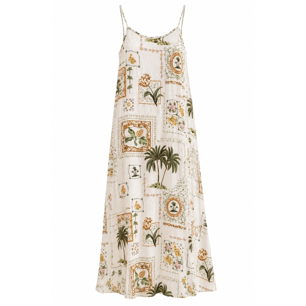 Paper Heart Linen Blend Maxi Dress Women M Botanical Palm Print Boho Cottagecore